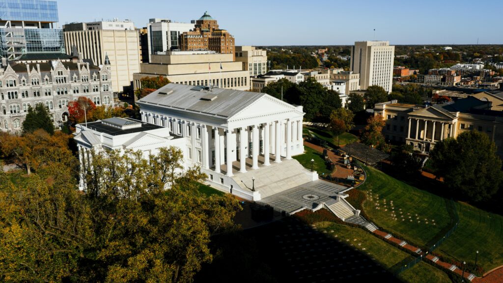 Aerial view of the historic Virginia State Capitol in downtown Richmond, highlighting its architectural significance.